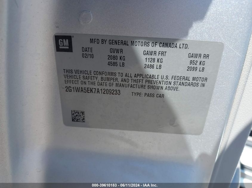 2010 Chevrolet Impala Ls VIN: 2G1WA5EK7A1209233 Lot: 39610183