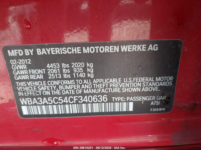 2012 BMW 328I VIN: WBA3A5C54CF340636 Lot: 39610201