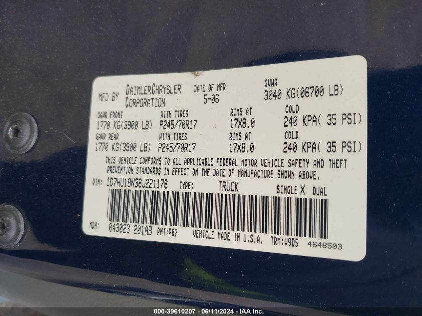 2006 Dodge Ram 1500 Slt/Trx4 Off Road/Sport VIN: 1D7HU18N36J221176 Lot: 39610207