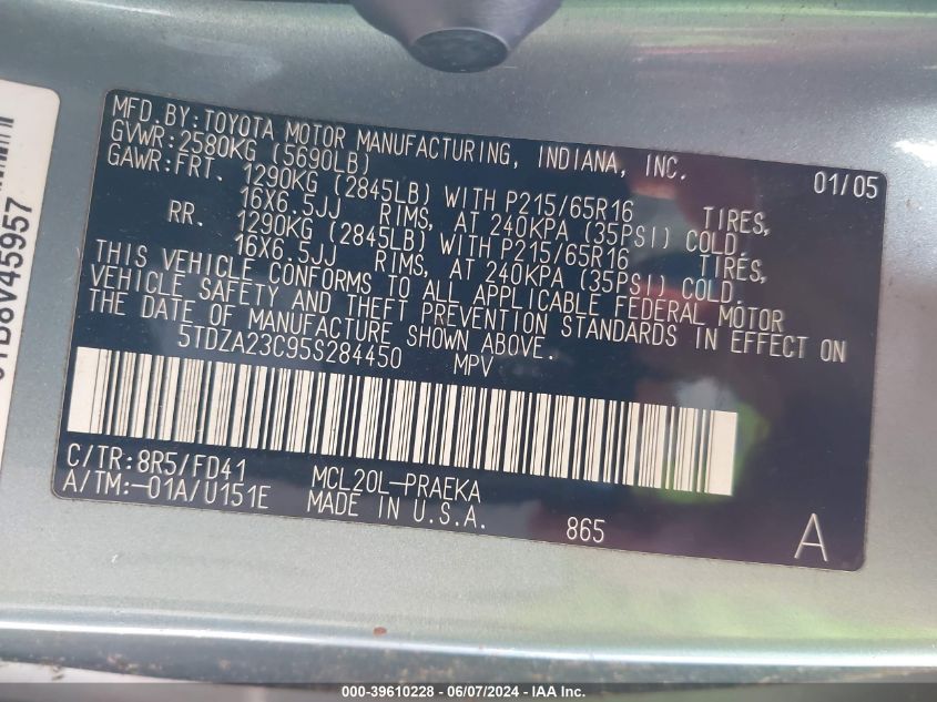 2005 Toyota Sienna Ce VIN: 5TDZA23C95S284450 Lot: 39610228