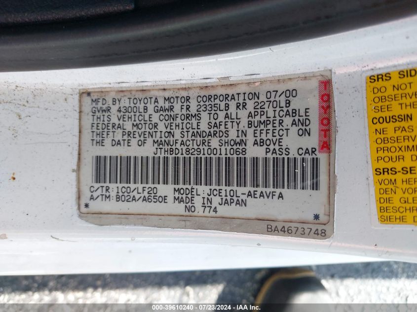 2001 Lexus Is 300 VIN: JTHBD182910011068 Lot: 39610240