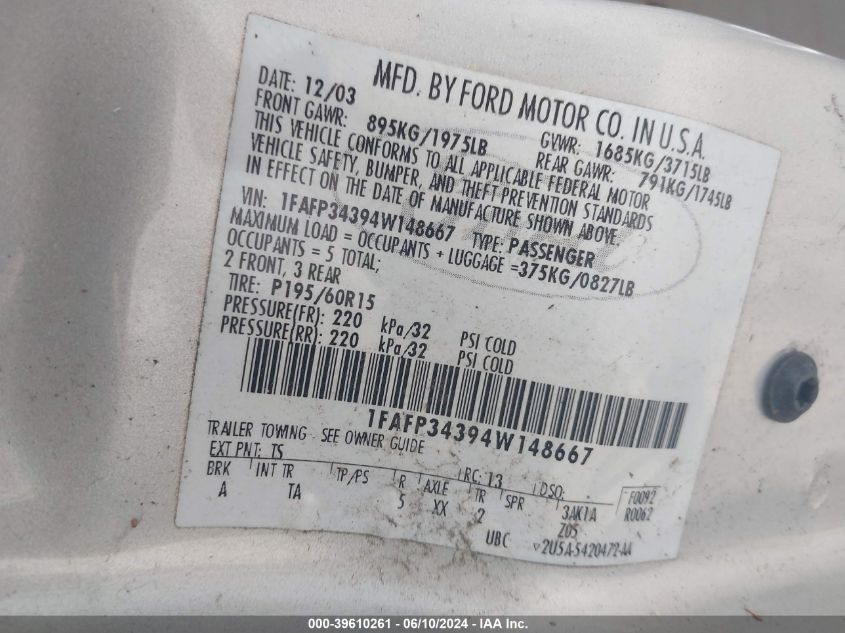 2004 Ford Focus Se VIN: 1FAFP34394W148667 Lot: 39610261