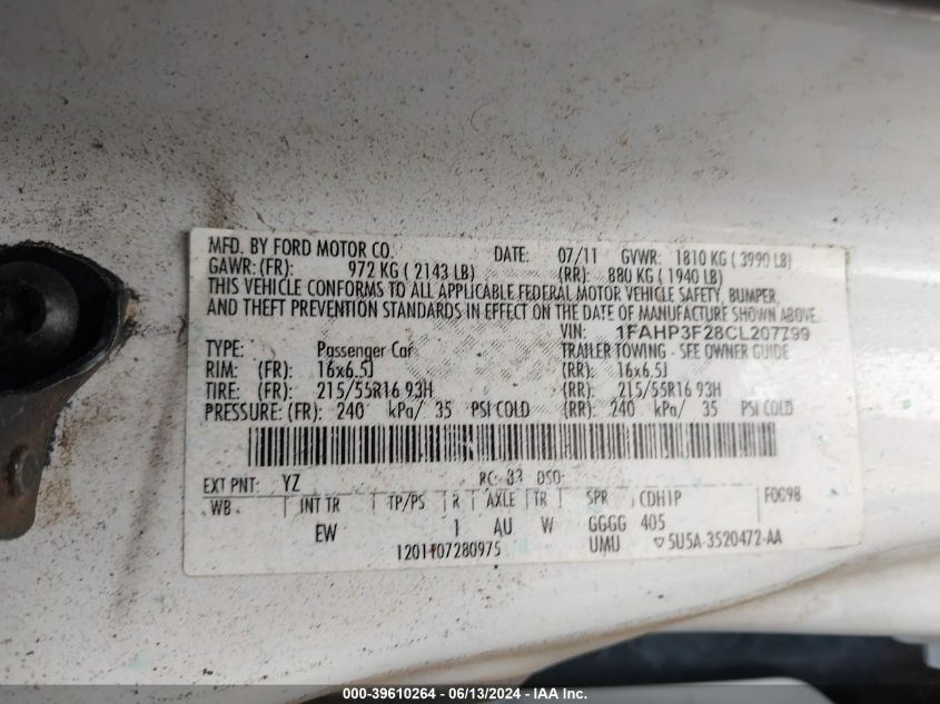 2012 Ford Focus Se VIN: 1FAHP3F28CL207799 Lot: 39610264