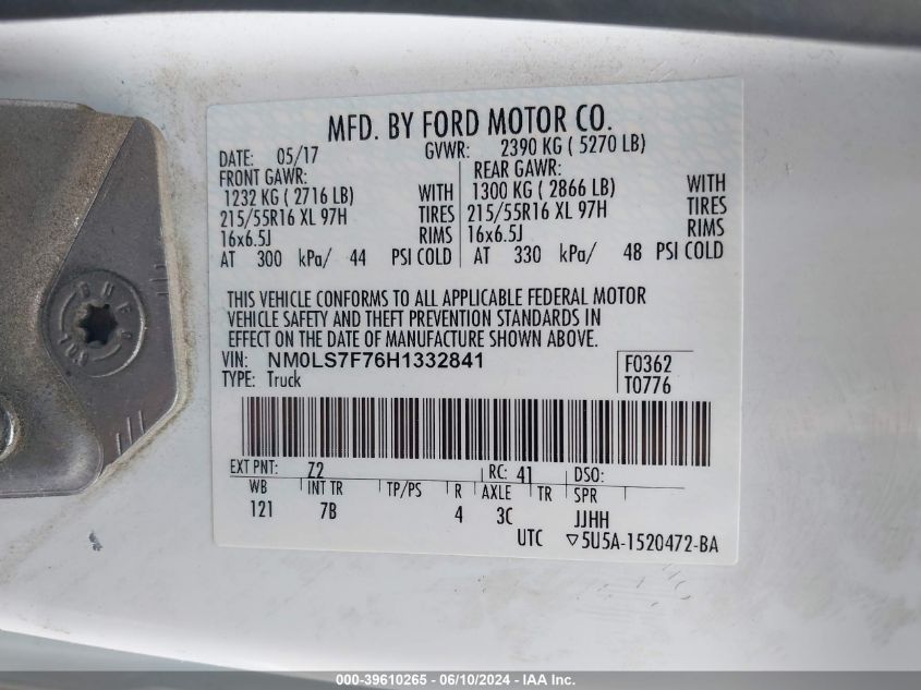 2017 Ford Transit Connect Xlt VIN: NM0LS7F76H1332841 Lot: 39610265