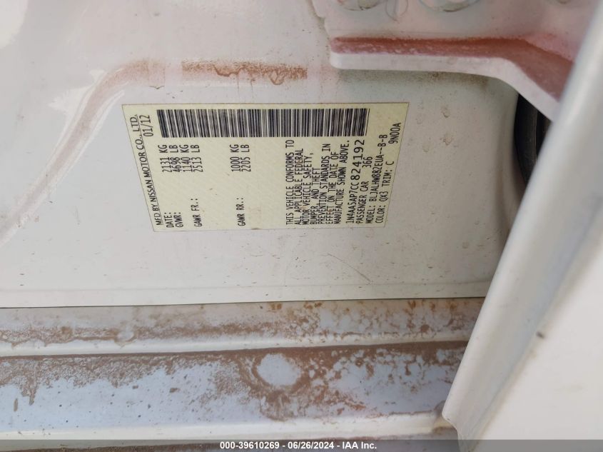 2012 Nissan Maxima 3.5 Sv VIN: 1N4AA5AP7CC824192 Lot: 39610269