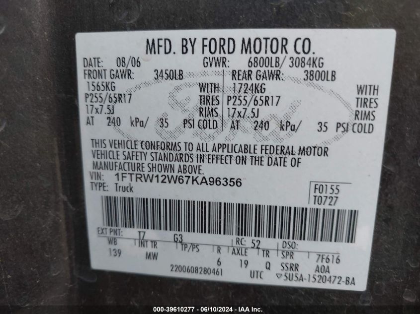 2007 Ford F-150 Xlt VIN: 1FTRW12W67KA96356 Lot: 39610277