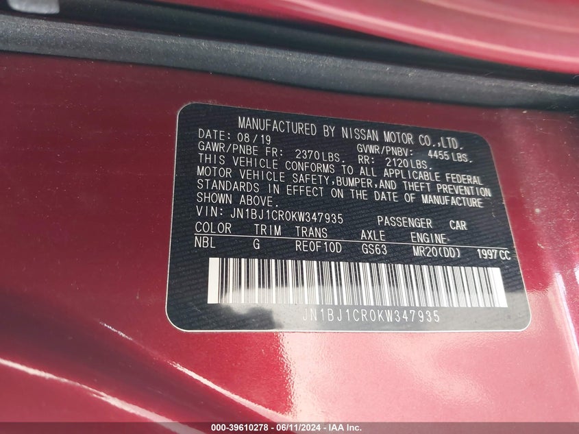 2019 Nissan Rogue Sport S VIN: JN1BJ1CR0KW347935 Lot: 39610278