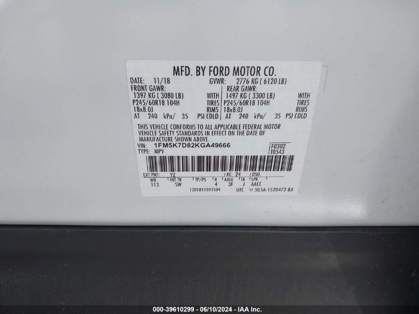 2019 Ford Explorer Xlt VIN: 1FM5K7D82KGA49666 Lot: 39610299