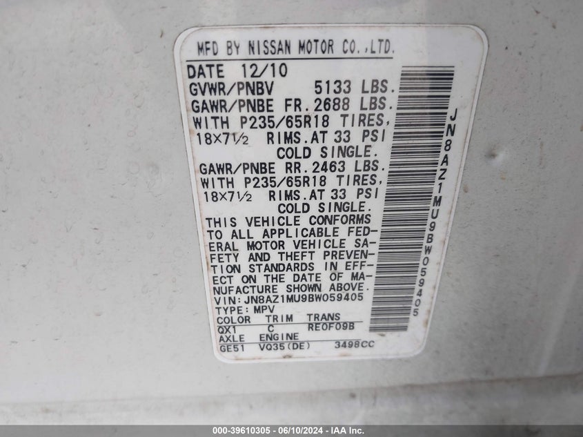 2011 Nissan Murano S VIN: JN8AZ1MU9BW059405 Lot: 39610305