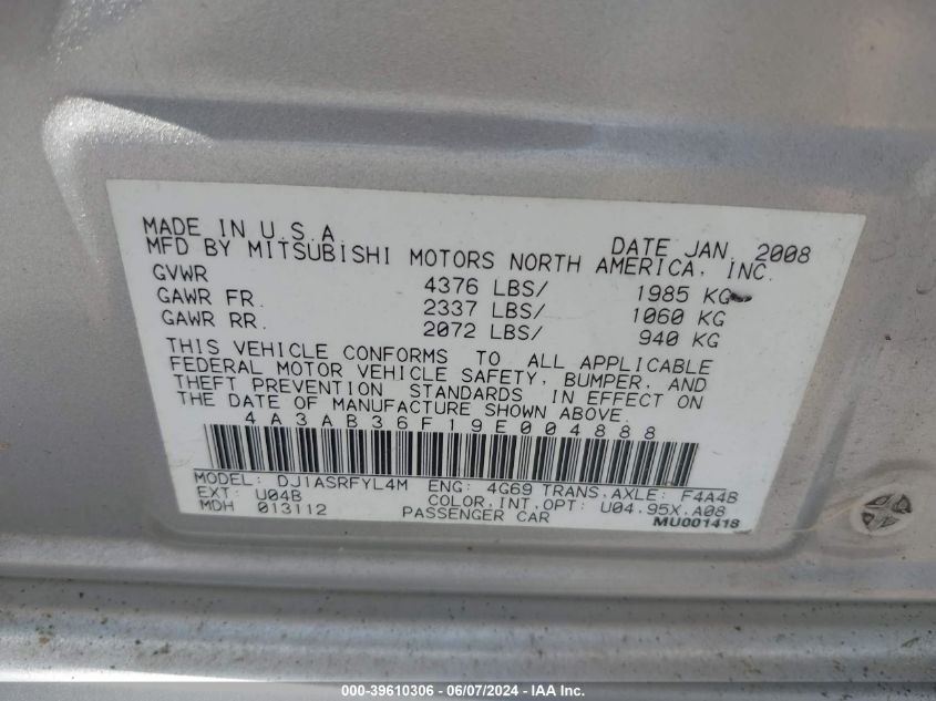 2009 Mitsubishi Galant Es/Sport Edition VIN: 4A3AB36F19E004888 Lot: 39610306