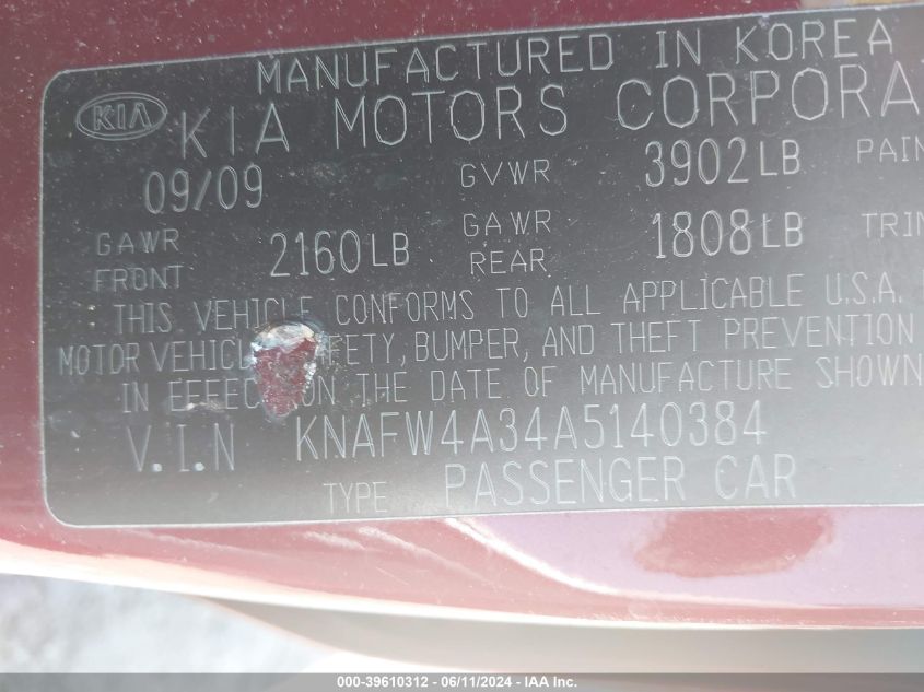 2010 Kia Forte Sx VIN: KNAFW4A34A5140384 Lot: 39610312