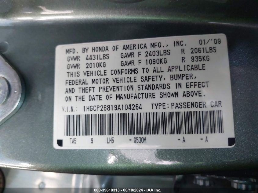 2009 Honda Accord 2.4 Ex-L VIN: 1HGCP26819A104264 Lot: 39610313