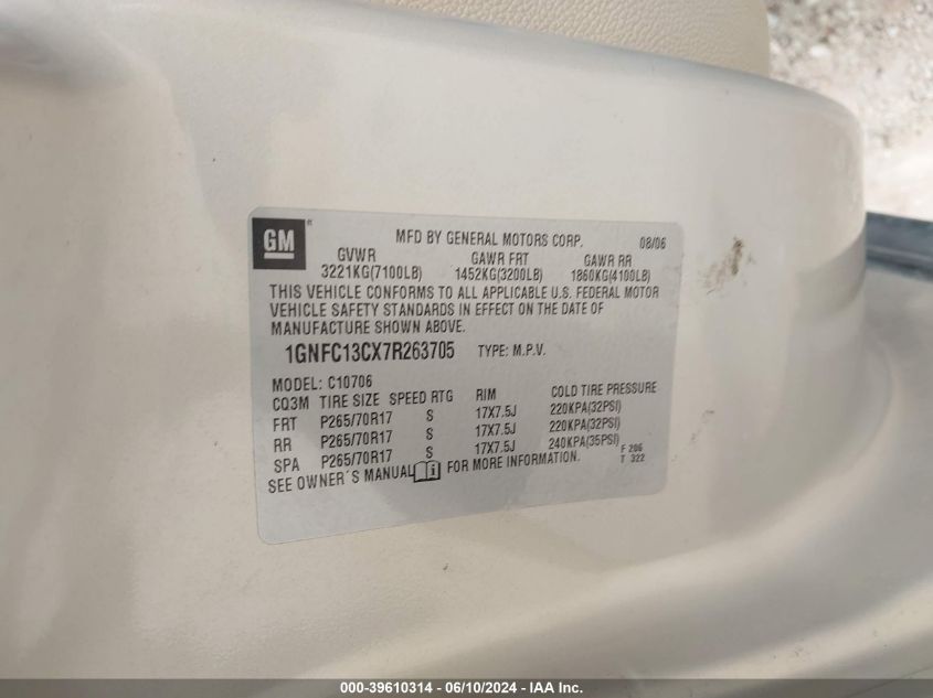 2007 Chevrolet Tahoe Ls VIN: 1GNFC13CX7R263705 Lot: 43171422