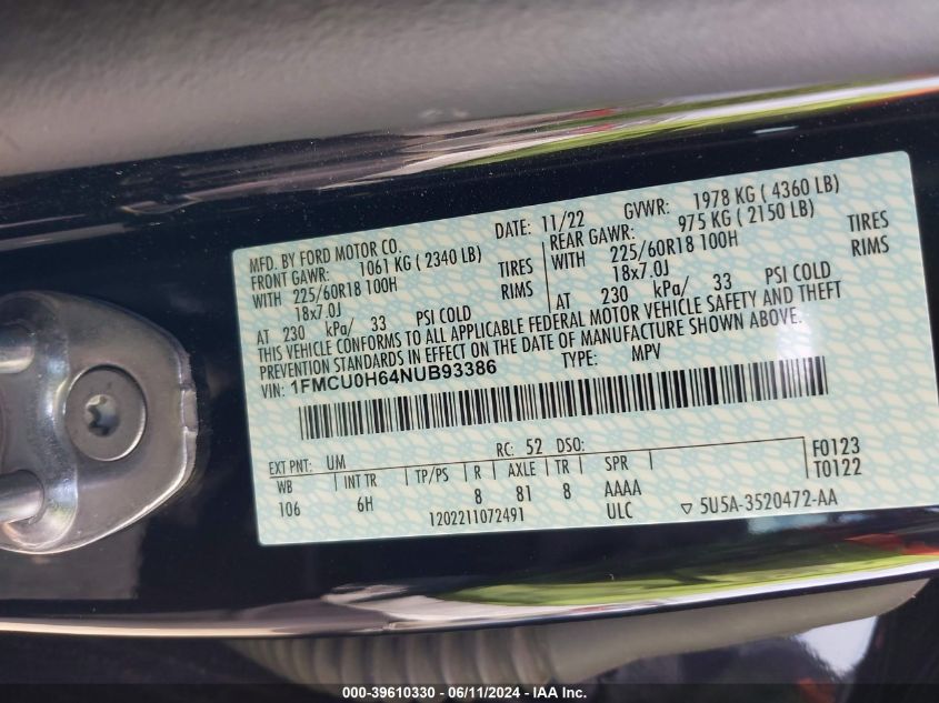 2022 Ford Escape Sel VIN: 1FMCU0H64NUB93386 Lot: 39610330