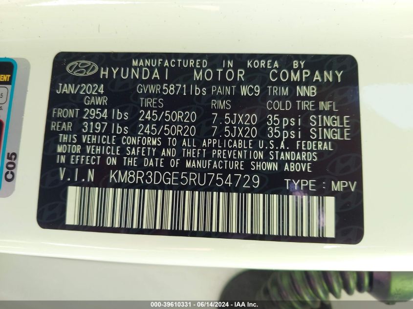 2024 Hyundai Palisade Xrt VIN: KM8R3DGE5RU754729 Lot: 39610331