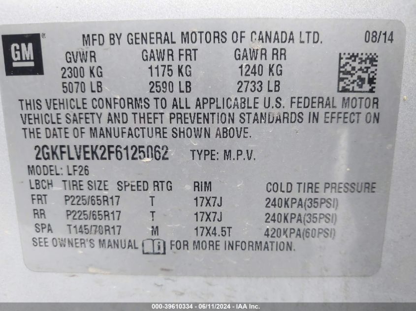 2015 GMC Terrain Sle-1 VIN: 2GKFLVEK2F6125062 Lot: 39610334