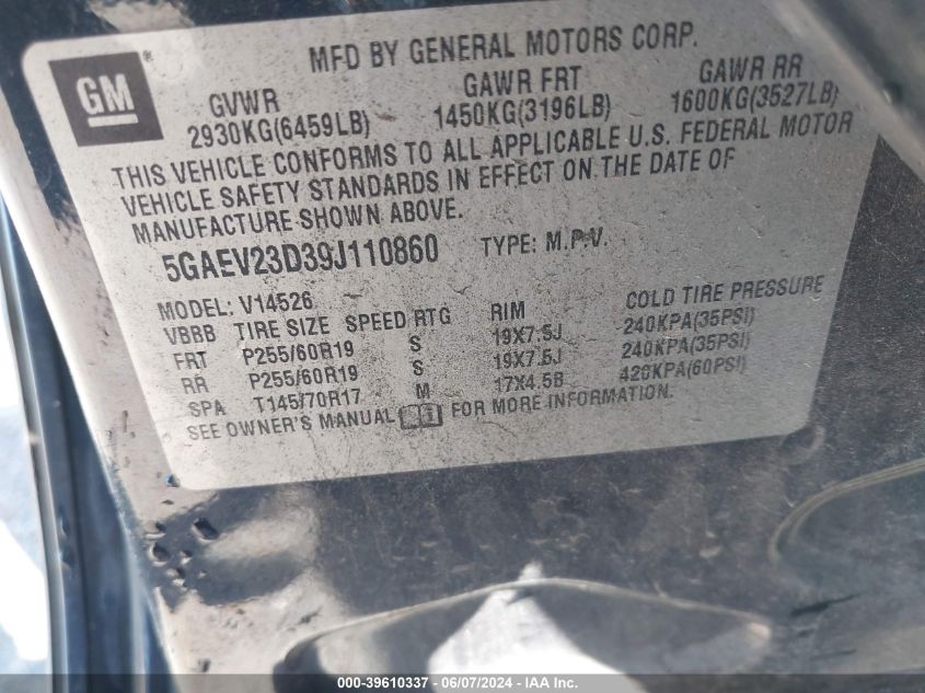 2009 Buick Enclave Cxl VIN: 5GAEV23D39J110860 Lot: 39610337