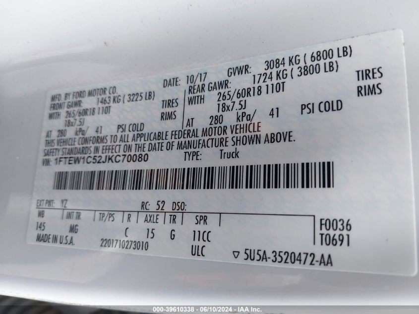2018 Ford F-150 Xlt VIN: 1FTEW1C52JKC70080 Lot: 39610338