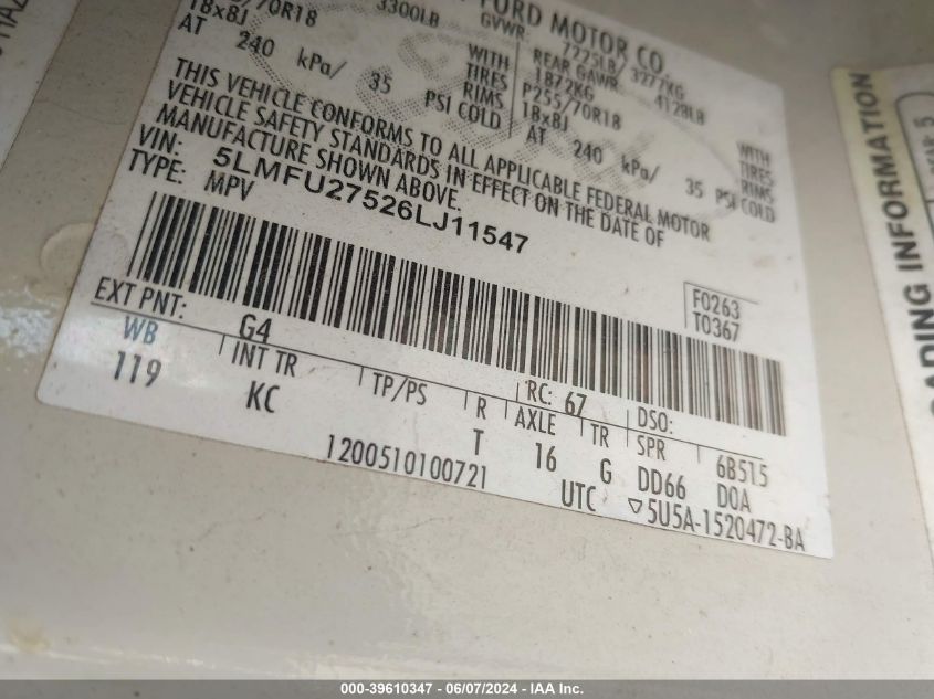 2006 Lincoln Navigator Luxury/Ultimate VIN: 5LMFU27526LJ11547 Lot: 39610347