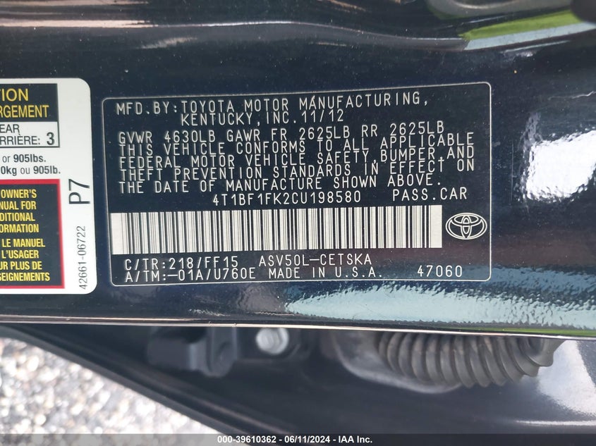 2012 Toyota Camry VIN: 4T1DS1FK2CU198580 Lot: 39610362