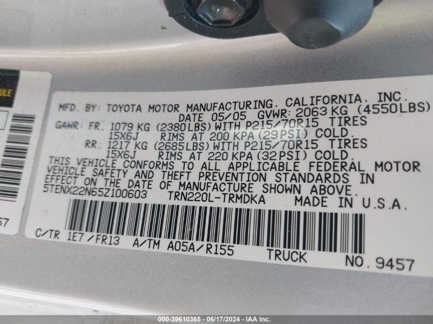 2005 Toyota Tacoma VIN: 5TENX22N65Z100603 Lot: 39610365