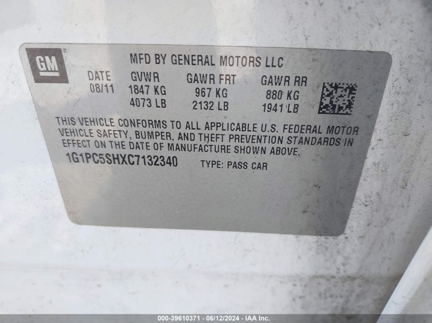 2012 Chevrolet Cruze Ls VIN: 1G1PC5SHXC7132340 Lot: 39610371