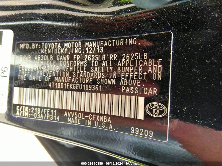 2014 Toyota Camry Hybrid Le VIN: 4T1BD1FK6EU109361 Lot: 39610389