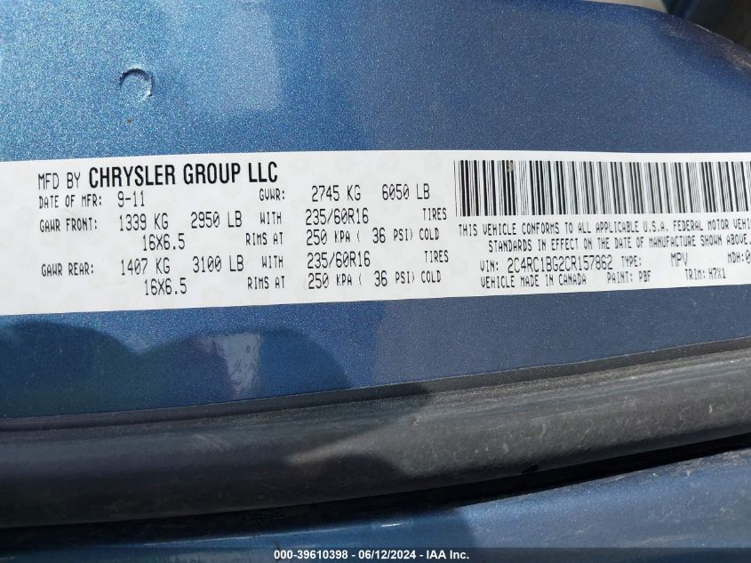 2012 Chrysler Town & Country Touring VIN: 2C4RC1BG2CR157862 Lot: 39610398