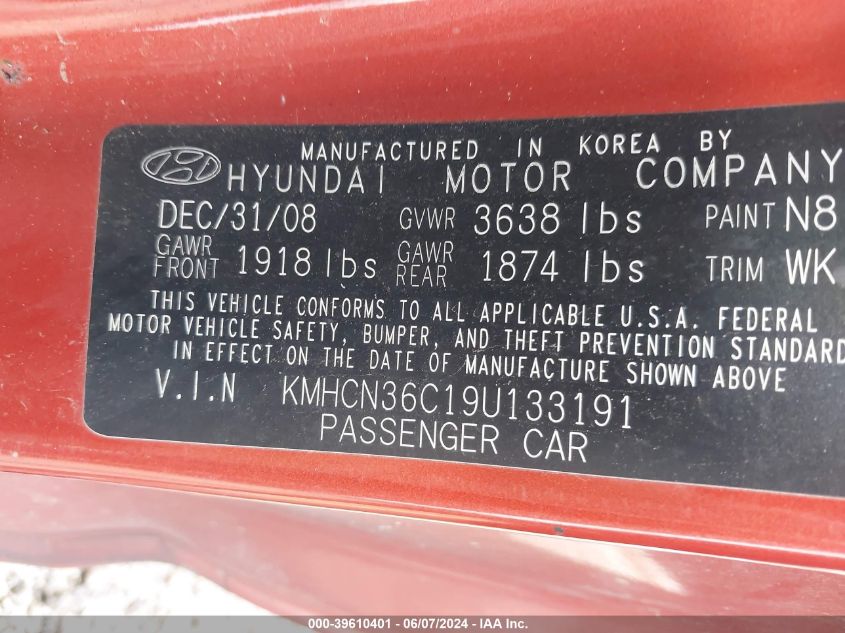 2009 Hyundai Accent Se VIN: KMHCN36C19U133191 Lot: 39610401