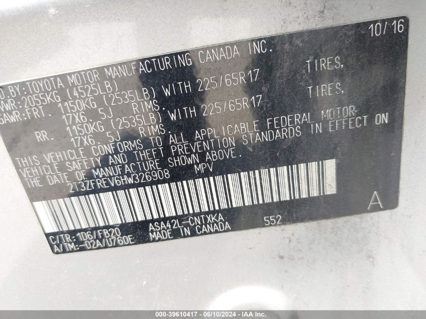 2017 Toyota Rav4 Le VIN: 2T3ZFREV6HW326908 Lot: 39610417