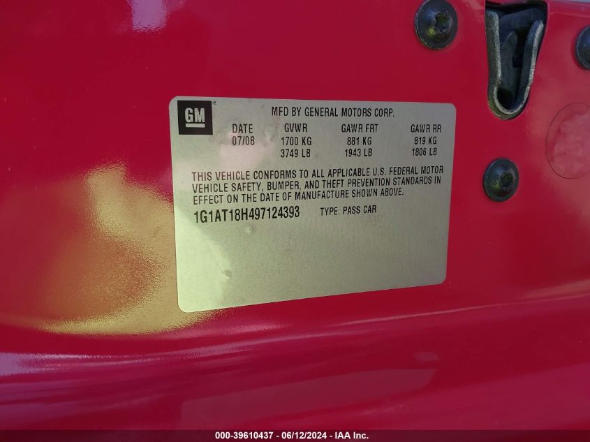 2009 Chevrolet Cobalt Lt VIN: 1G1AT18H497124393 Lot: 39610437