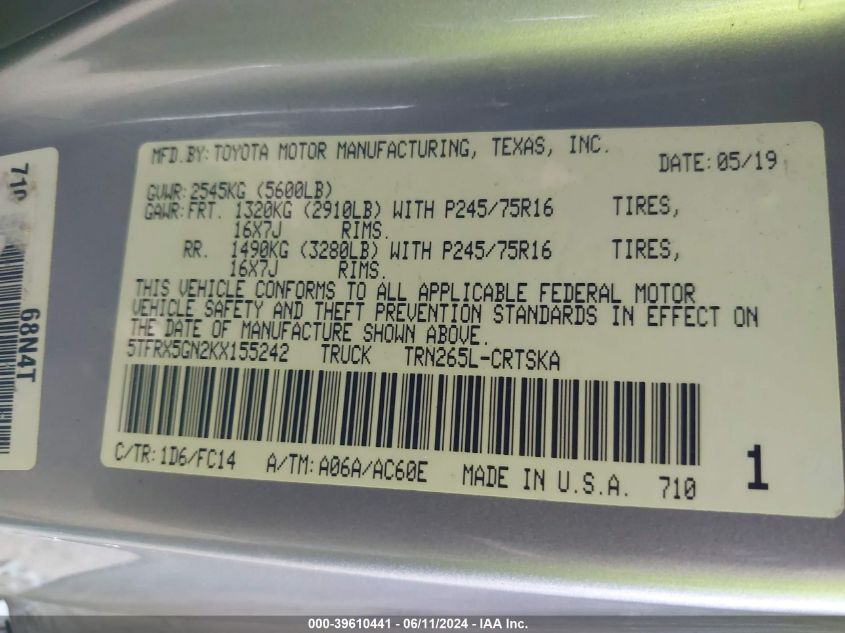 2019 Toyota Tacoma Sr5 VIN: 5TFRX5GN2KX155242 Lot: 39610441