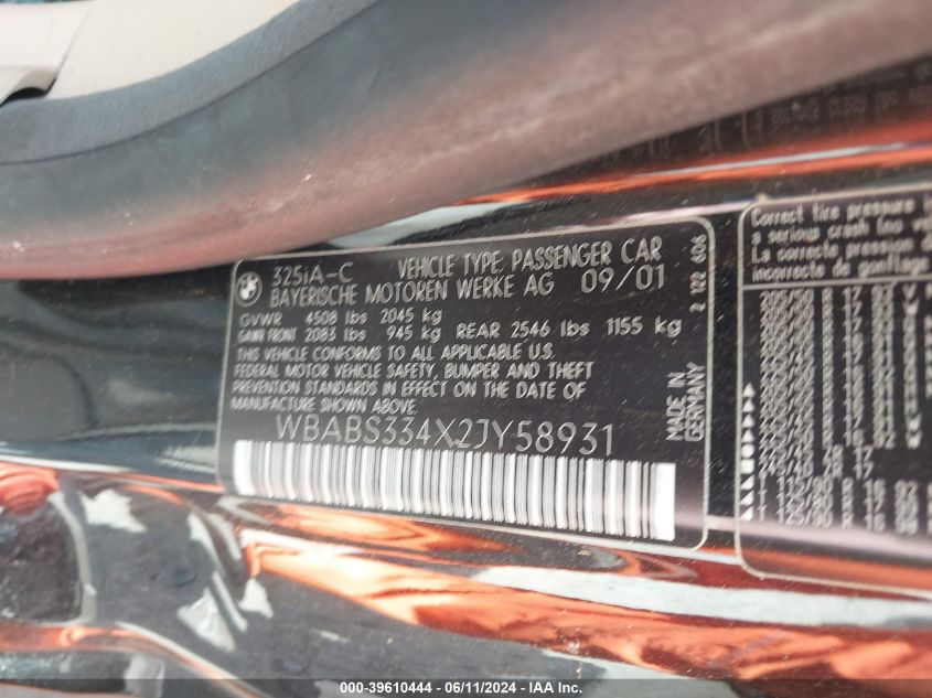 2002 BMW 325Ci VIN: WBABS334X2JY58931 Lot: 39610444