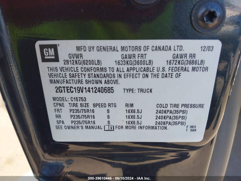 2004 GMC Sierra 1500 VIN: 2GTEC19V141240685 Lot: 39610446