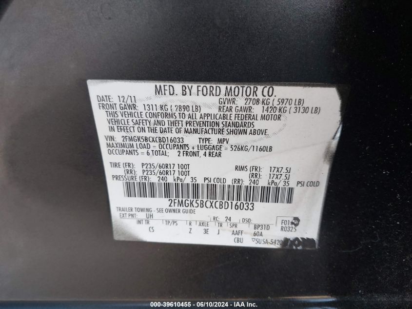 2012 Ford Flex Se VIN: 2FMGK5BCXCBD16033 Lot: 39610455