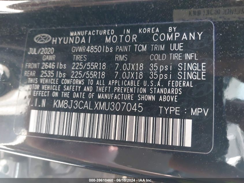 2021 Hyundai Tucson Limited VIN: KM8J3CALXMU307045 Lot: 39610460