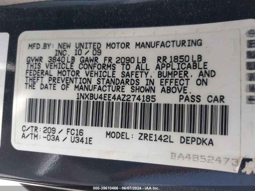 2010 Toyota Corolla Le VIN: 1NXBU4EE4AZ274185 Lot: 39610466