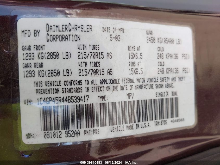 2004 Chrysler Town & Country VIN: 1C4GP45R44B539417 Lot: 39610483