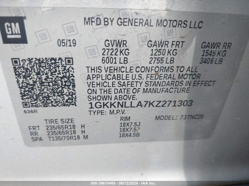 2019 GMC Acadia Sle-2 VIN: 1GKKNLLA7KZ271303 Lot: 39610488