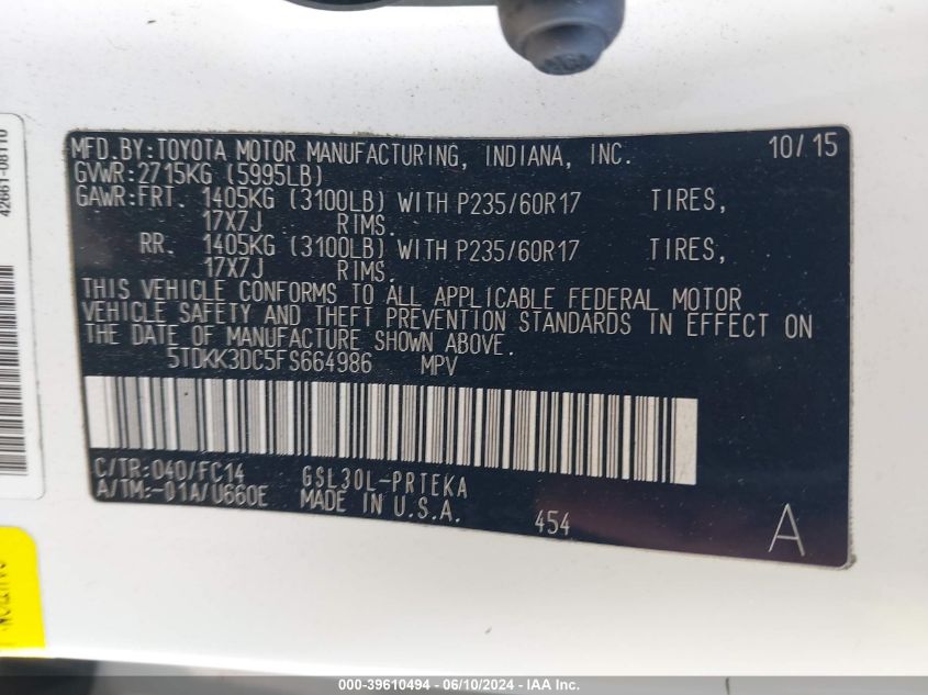 2015 Toyota Sienna Le 8 Passenger VIN: 5TDKK3DC5FS664986 Lot: 39610494