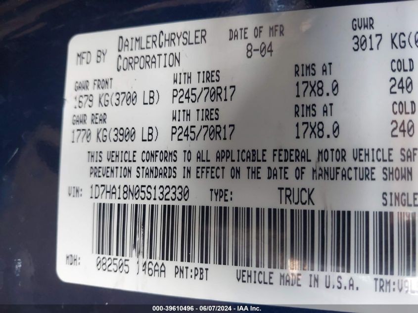 2005 Dodge Ram 1500 Slt/Laramie VIN: 1D7HA18N05S132330 Lot: 39610496