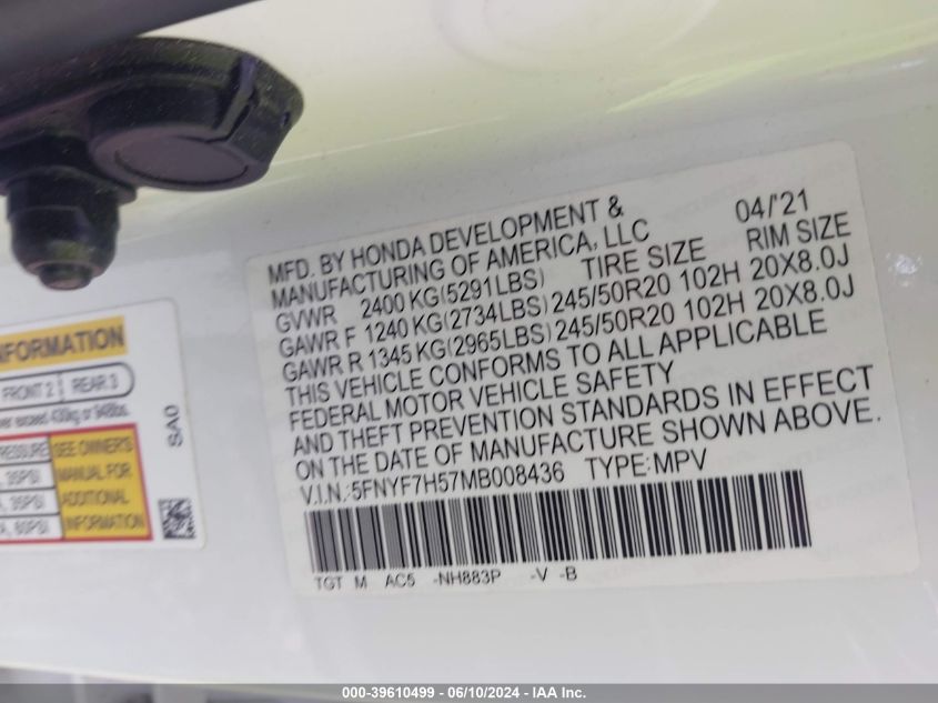 2021 Honda Passport Exl VIN: 5FNYF7H57MB008436 Lot: 39610499