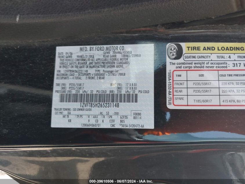 2006 Ford Mustang Gt VIN: 1ZVFT85H265231148 Lot: 39610506