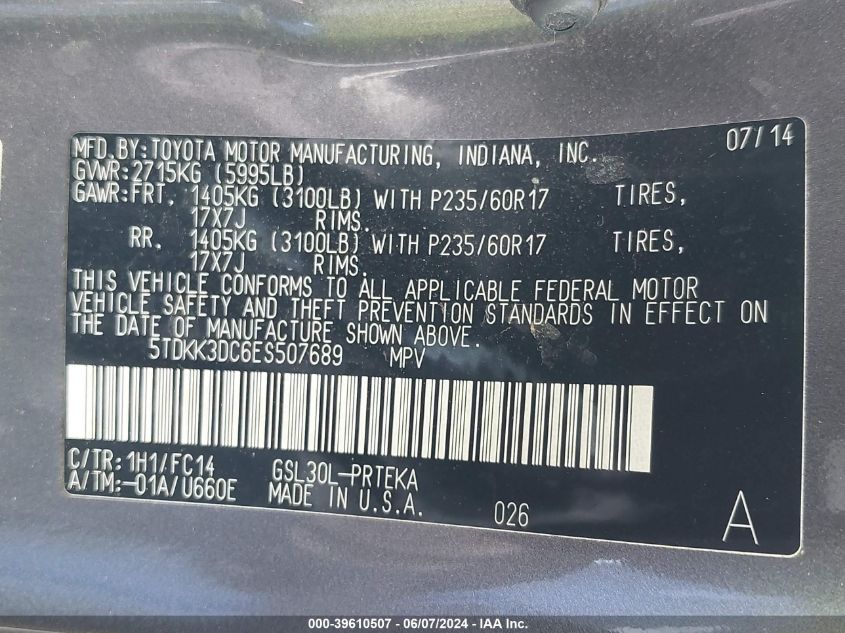 2014 Toyota Sienna Le V6 8 Passenger VIN: 5TDKK3DC6ES507689 Lot: 39610507