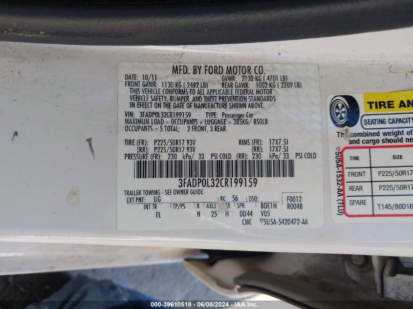 2012 Ford Fusion Hybrid VIN: 3FADP0L32CR199159 Lot: 39610518