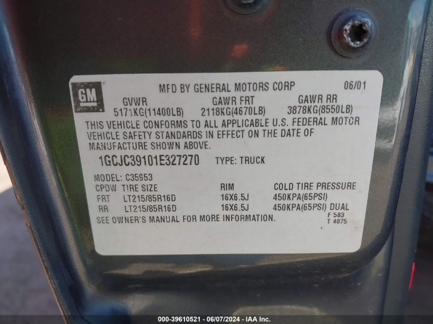 2001 Chevrolet Silverado 3500 Lt VIN: 1GCJC39101E327270 Lot: 39610521