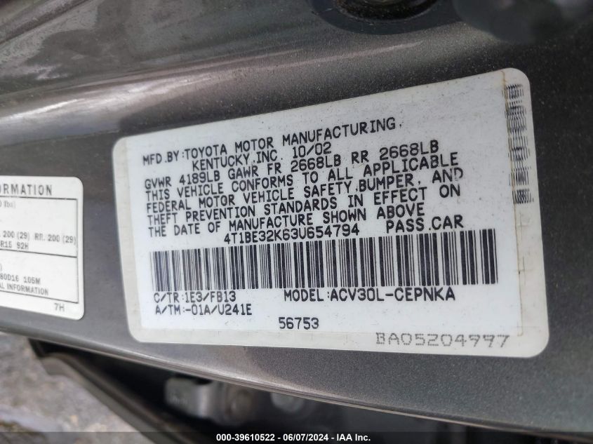 2003 Toyota Camry Le VIN: 4T1BE32K63U654794 Lot: 39610522