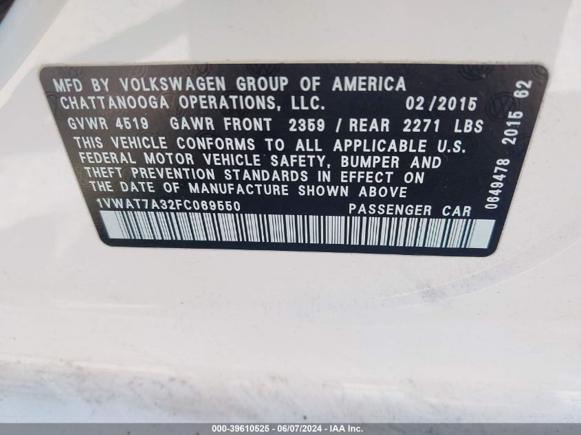 2015 Volkswagen Passat 1.8T Wolfsburg Edition VIN: 1VWAT7A32FC069550 Lot: 39610525