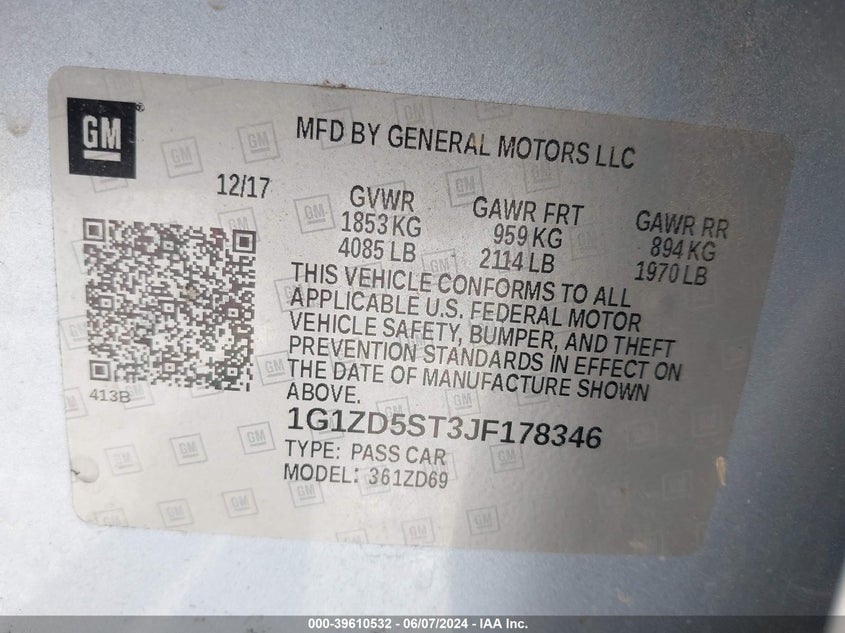 2018 Chevrolet Malibu Lt VIN: 1G1ZD5ST3JF178346 Lot: 39610532