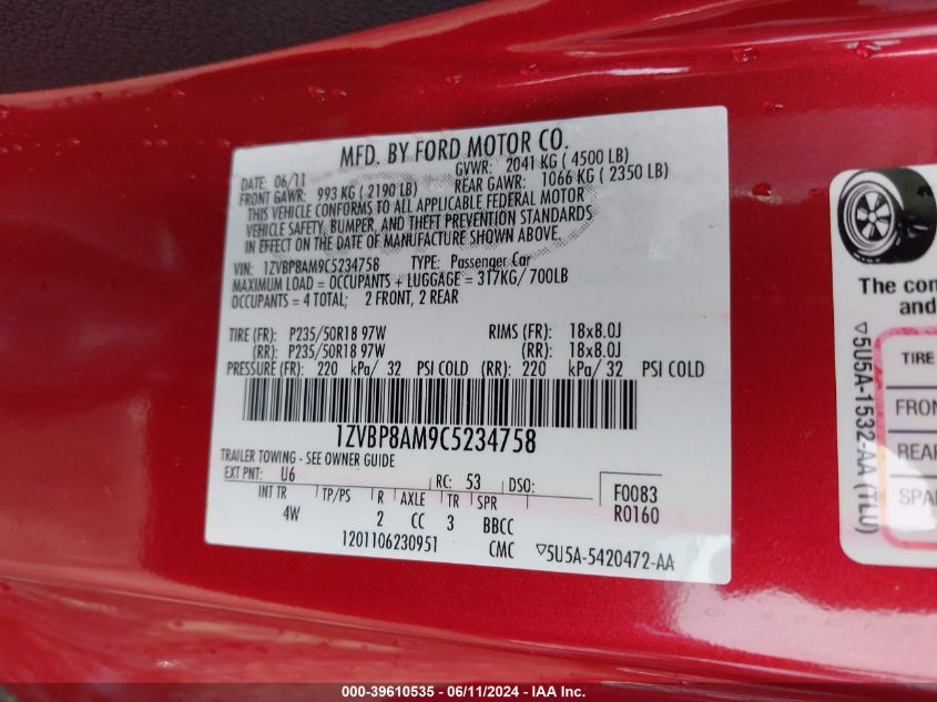 2012 Ford Mustang V6 Premium VIN: 1ZVBP8AM9C5234758 Lot: 39610535